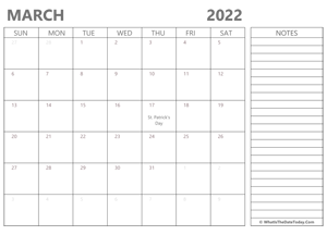 editable march 2022 calendar with holidays and notes