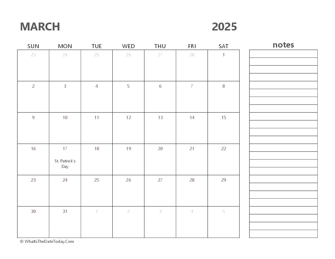 Editable march 2025 Calendar with Holidays and Notes