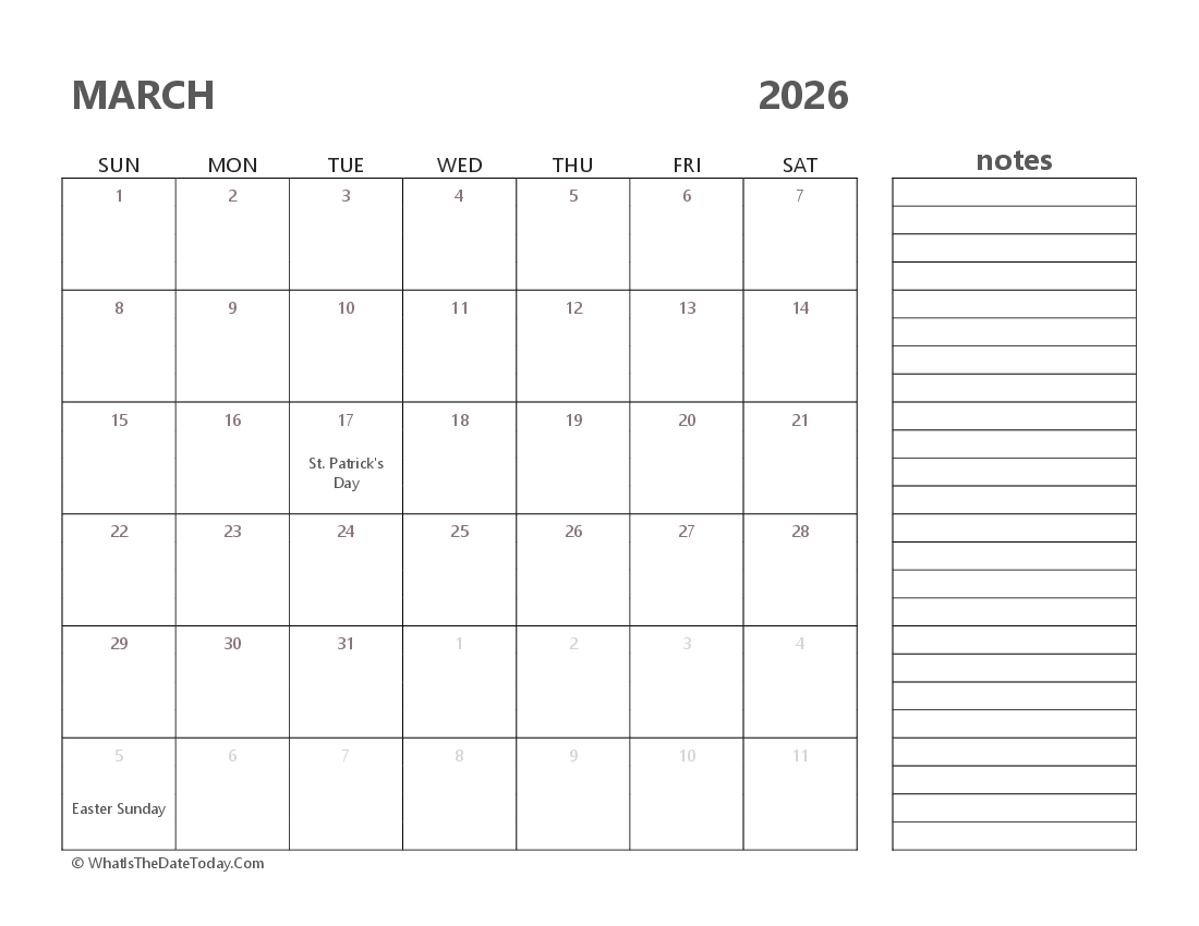 Editable march 2026 Calendar with Holidays and Notes