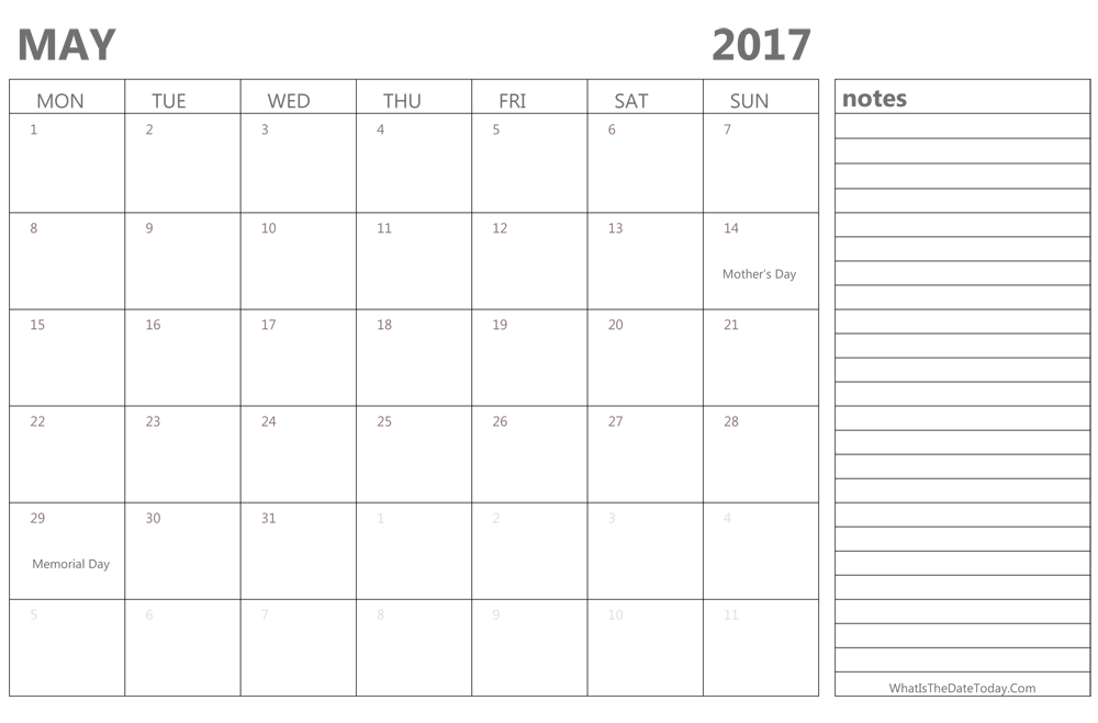 Editable may 2017 Calendar with Holidays and Notes