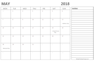 editable 2018 may calendar with notes