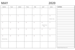 editable may 2020 calendar with holidays and notes