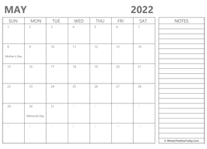 editable may 2022 calendar with holidays and notes