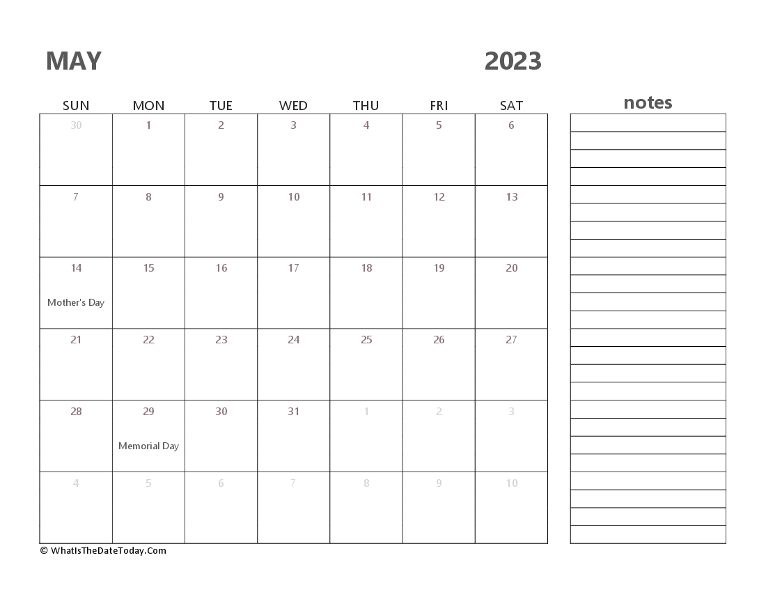 Editable may 2023 Calendar with Holidays and Notes