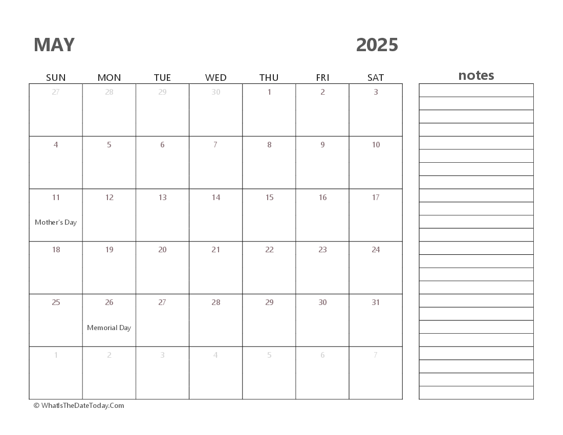 Editable may 2025 Calendar with Holidays and Notes