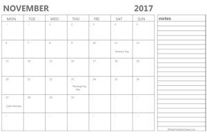 editable november 2017 calendar with holidays and notes