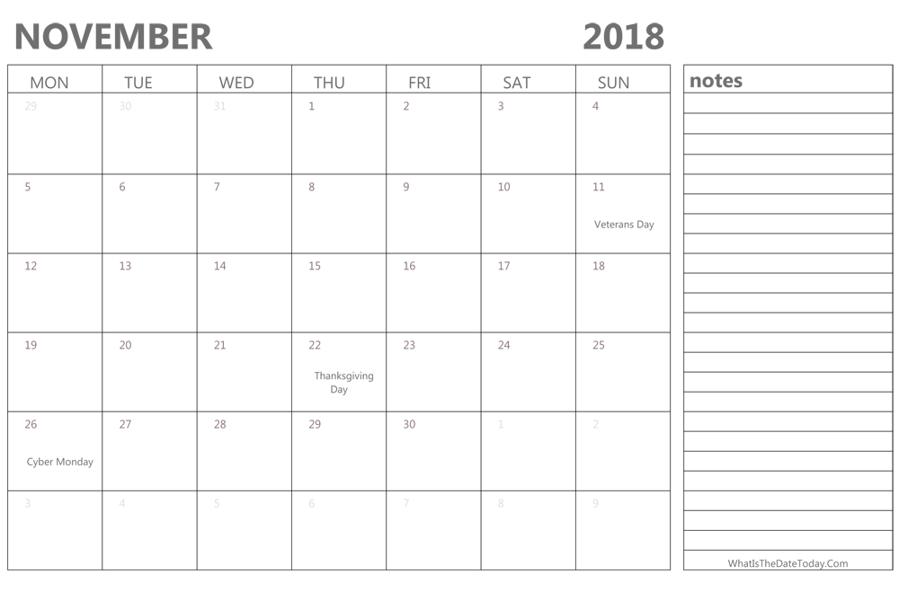 Editable november 2018 Calendar with Holidays and Notes