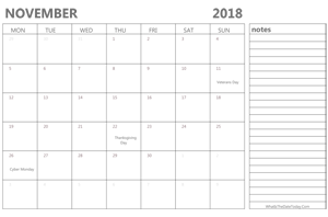 editable 2018 november calendar with notes