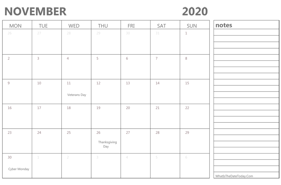 Editable november 2020 Calendar with Holidays and Notes