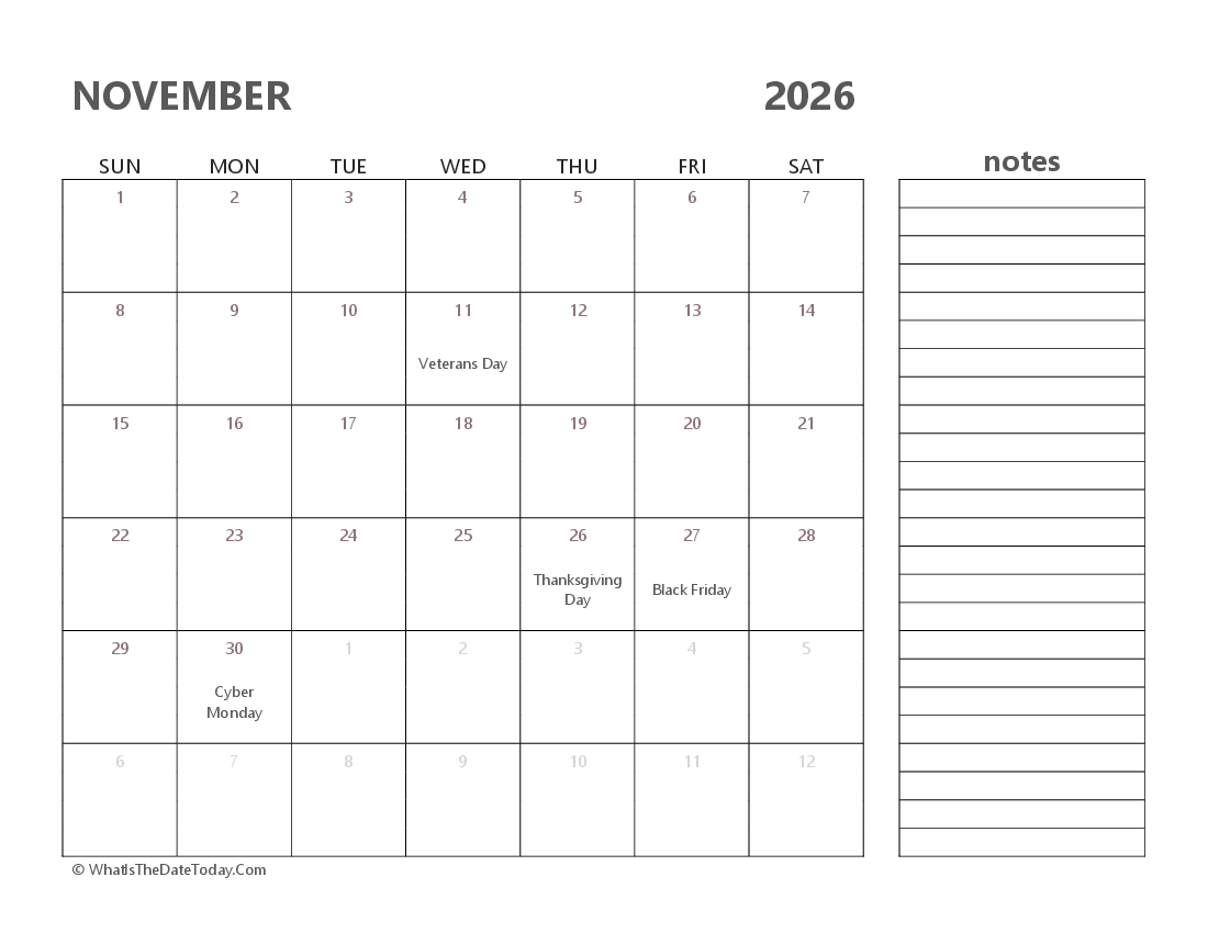 Editable november 2026 Calendar with Holidays and Notes