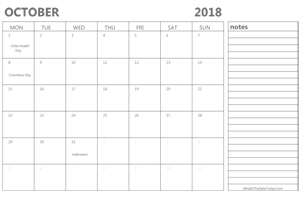 editable 2018 october calendar with notes