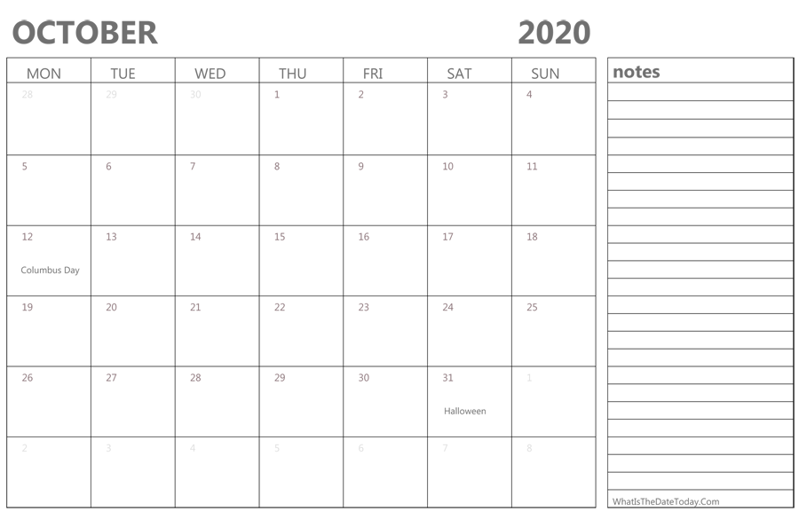 Editable october 2020 Calendar with Holidays and Notes