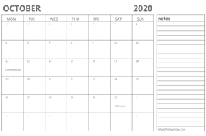 editable october 2020 calendar with holidays and notes