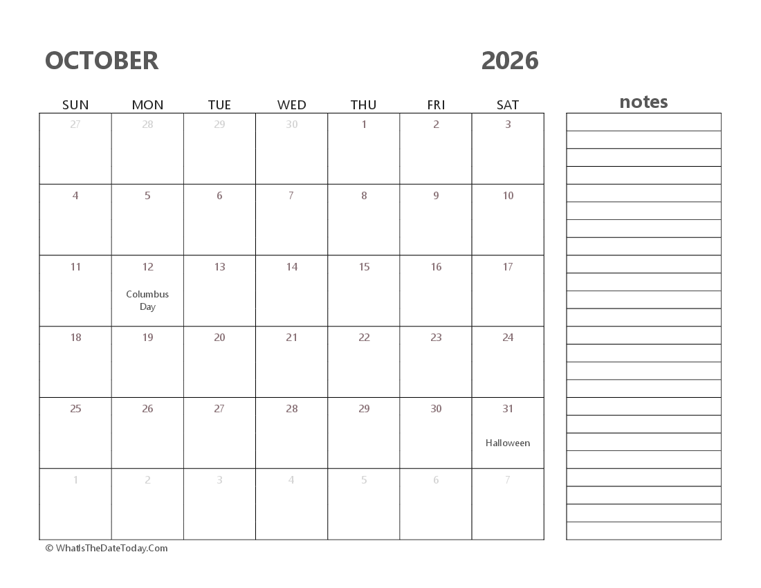 Editable october 2026 Calendar with Holidays and Notes