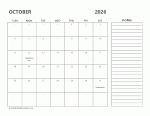 editable 2026 october calendar with notes