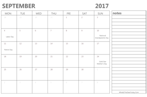 editable 2017 september calendar with notes