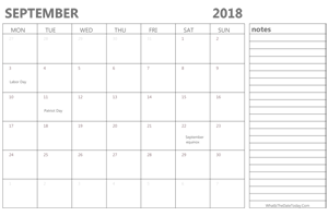 editable september 2018 calendar with holidays and notes