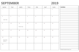 editable september 2019 calendar with holidays and notes