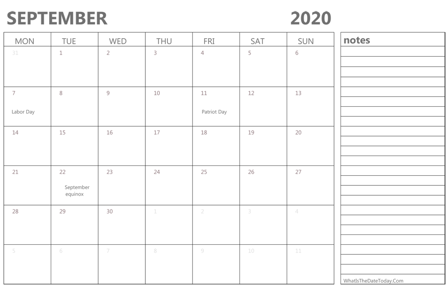Editable september 2020 Calendar with Holidays and Notes