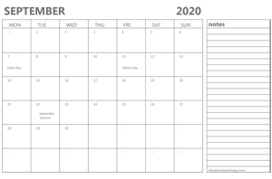editable september 2020 calendar with holidays and notes