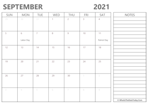 editable september 2021 calendar with holidays and notes
