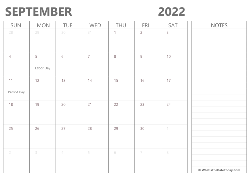 Editable september 2022 Calendar with Holidays and Notes
