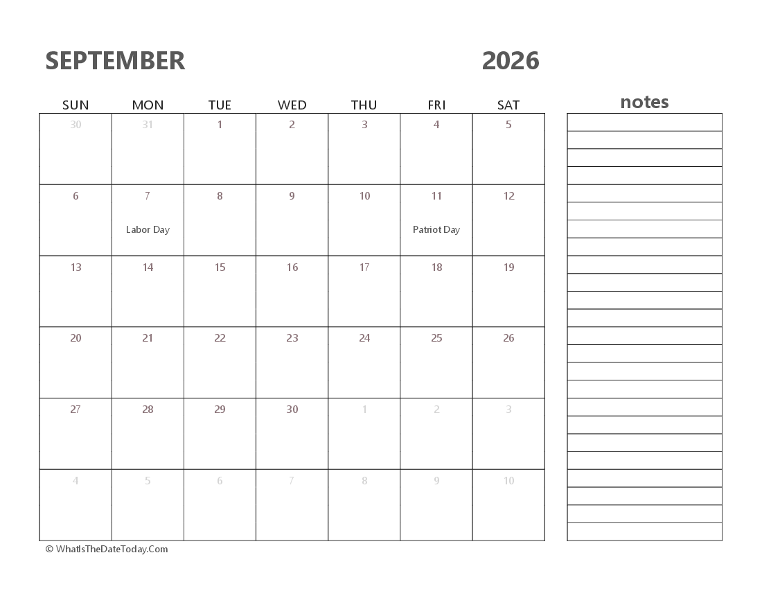 Editable september 2026 Calendar with Holidays and Notes