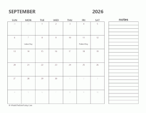 editable september 2026 calendar with holidays and notes