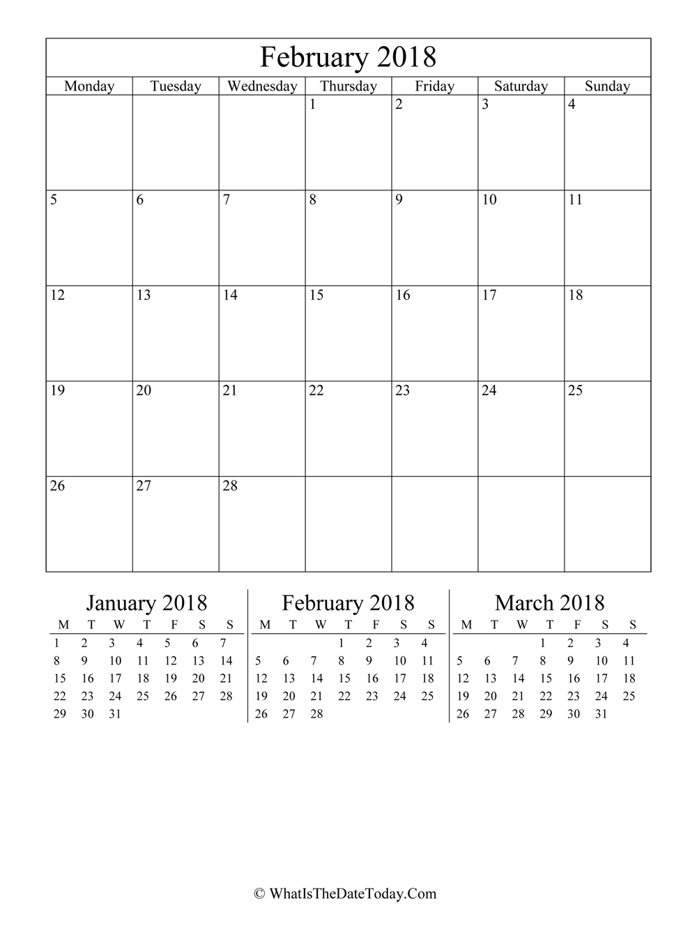 february 2018 editable calendar with three mini calendars in vertical layout