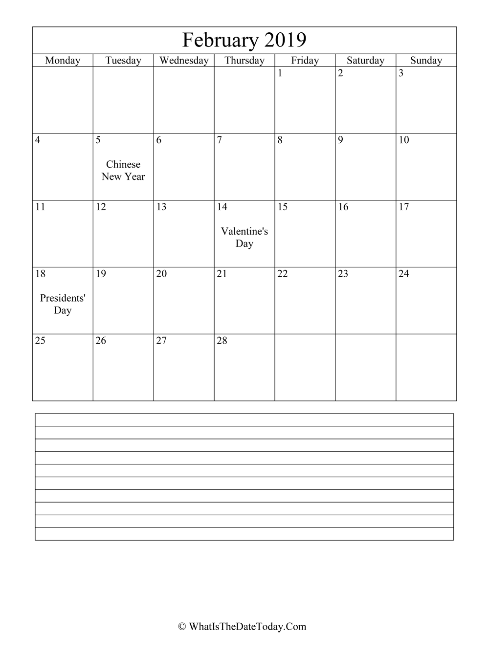 february 2019 calendar editable with notes in vertical layout
