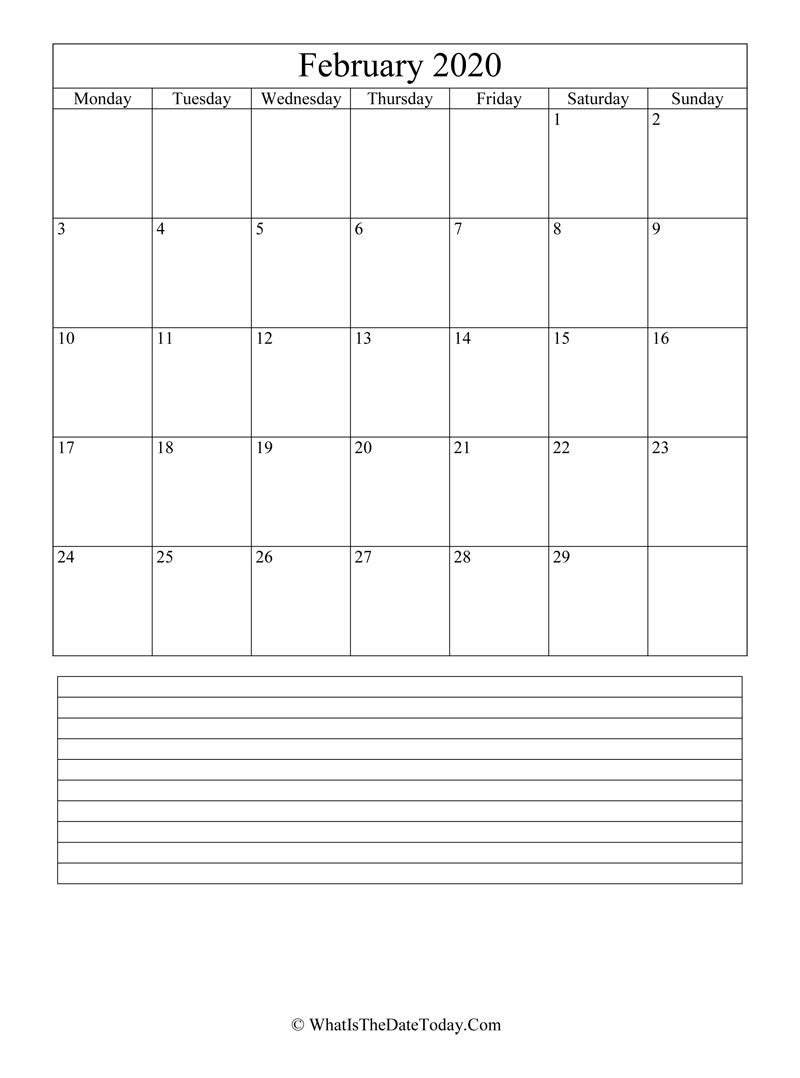 february 2020 calendar editable with notes in vertical layout