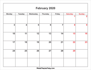 february 2020 calendar with weekend highlight