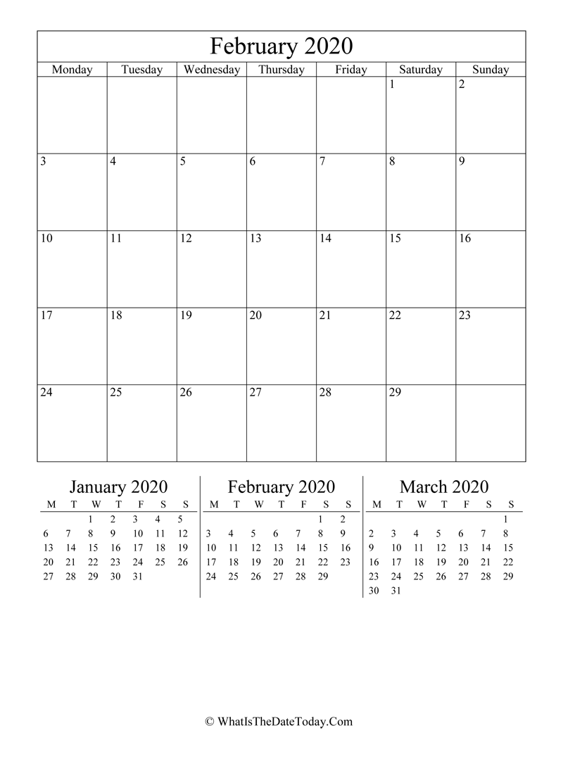 february 2020 editable calendar with three mini calendars in vertical layout
