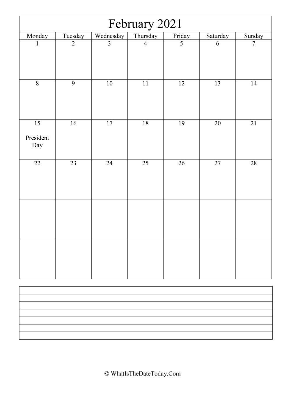 february 2021 calendar editable with notes in vertical layout
