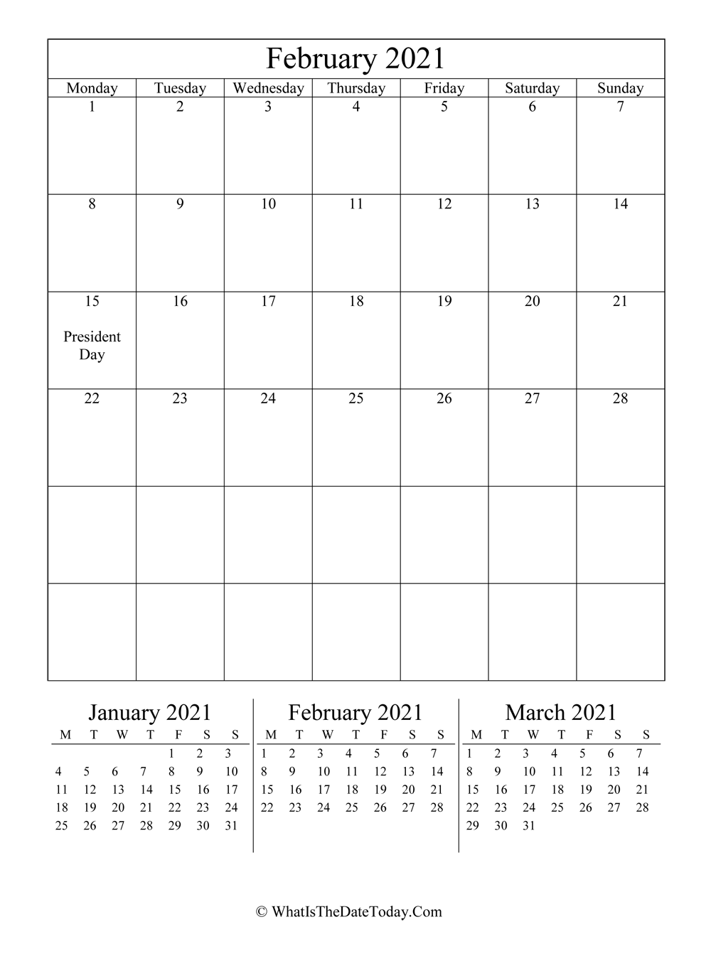 february 2021 editable calendar with three mini calendars in vertical layout