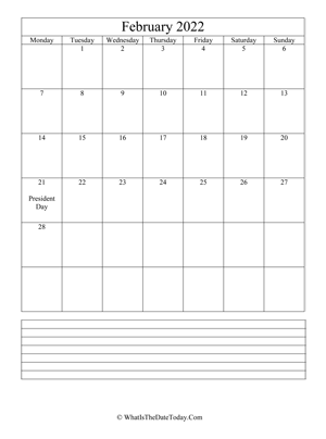 february 2022 calendar editable with notes