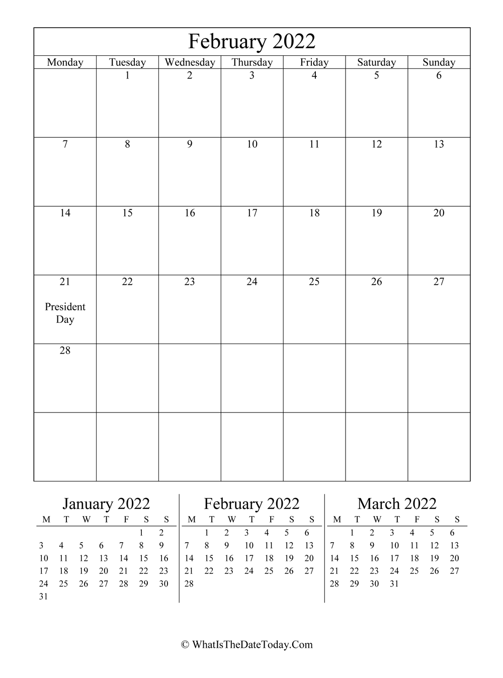february 2022 editable calendar with three mini calendars in vertical layout