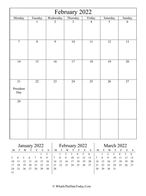 february 2022 editable calendar (vertical) with three mini months