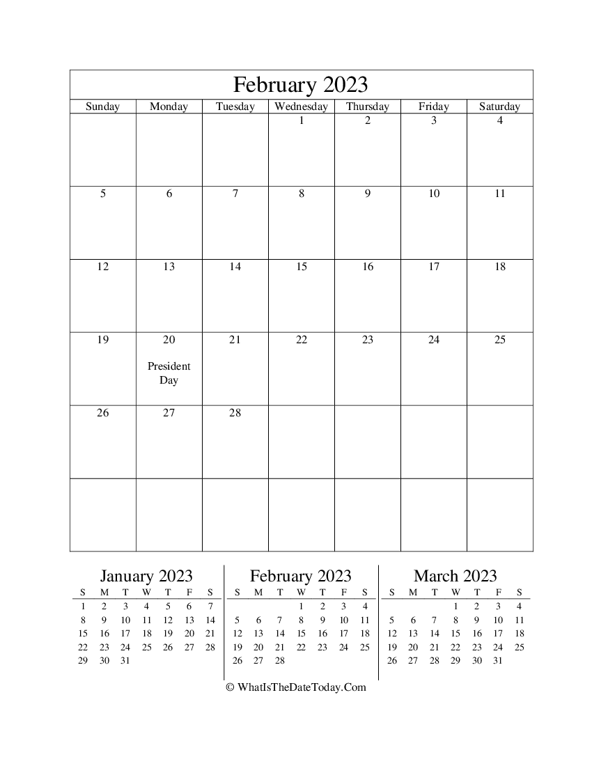 february 2023 editable calendar with three mini calendars in vertical layout