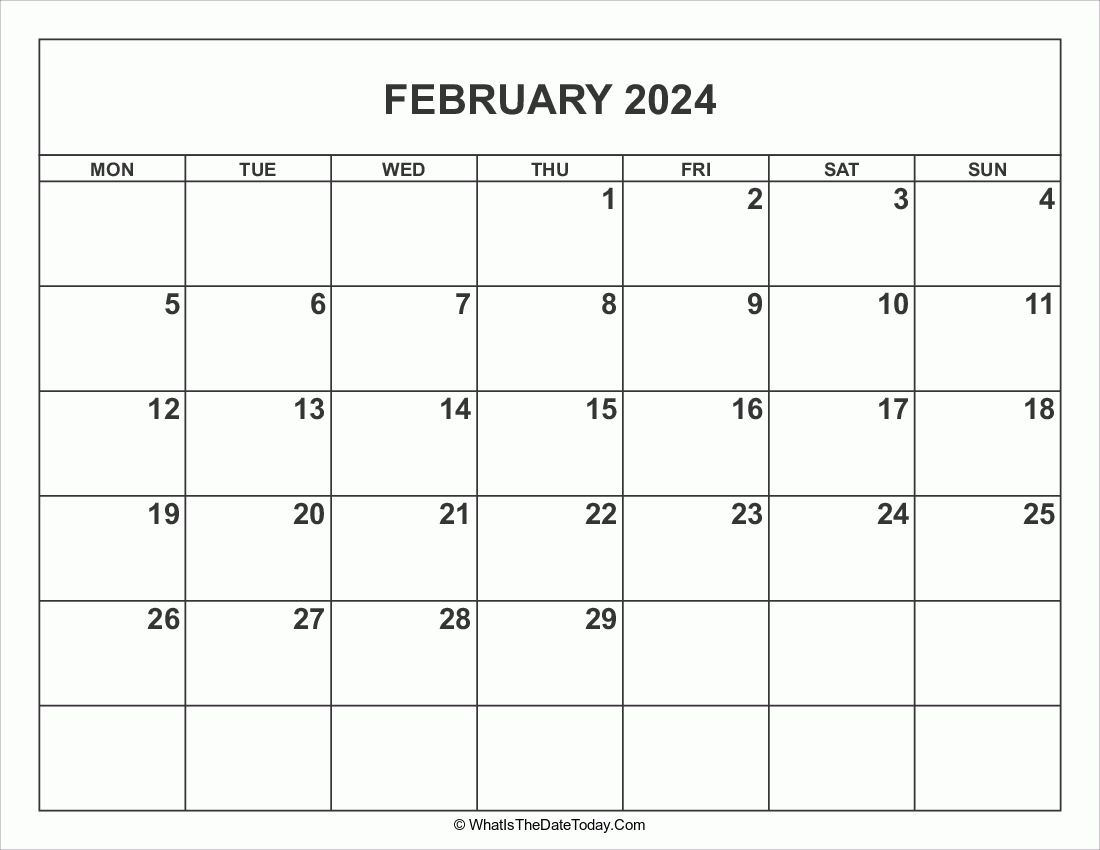 February 2024 Calendar Whatisthedatetoday Com