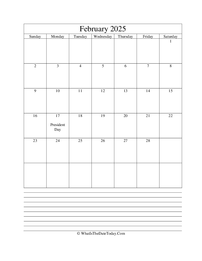 february 2025 calendar editable with notes in vertical layout