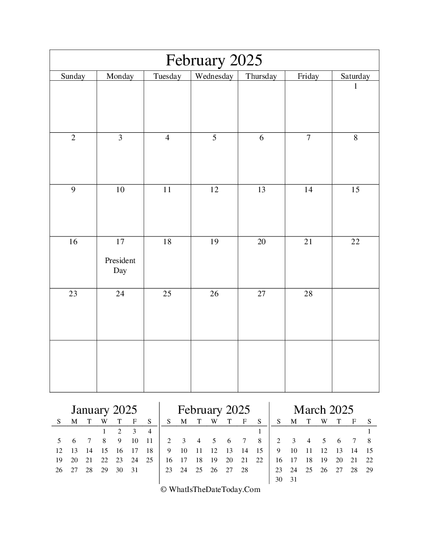 february 2025 editable calendar with three mini calendars in vertical layout
