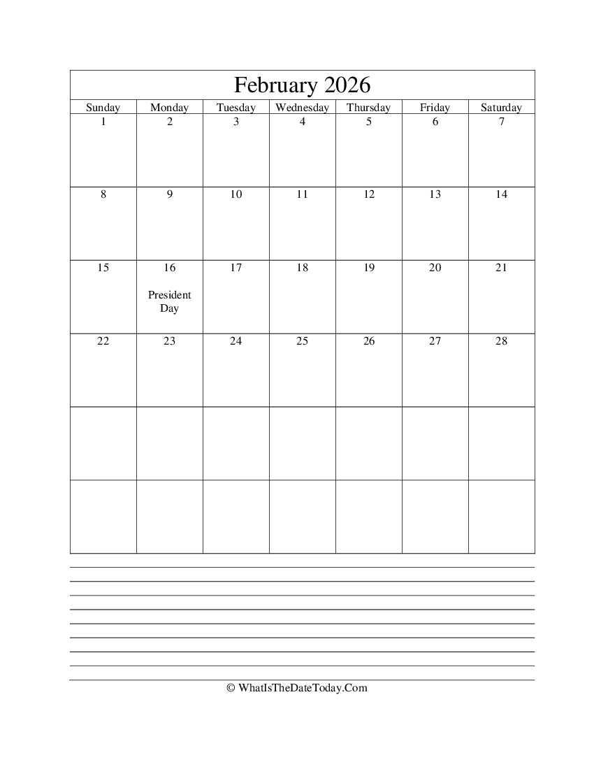 february 2026 calendar editable with notes in vertical layout