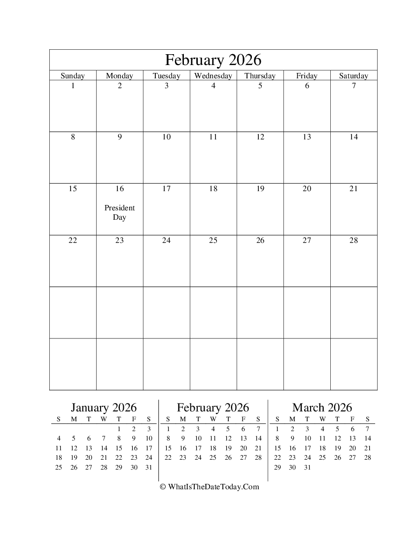 february 2026 editable calendar with three mini calendars in vertical layout