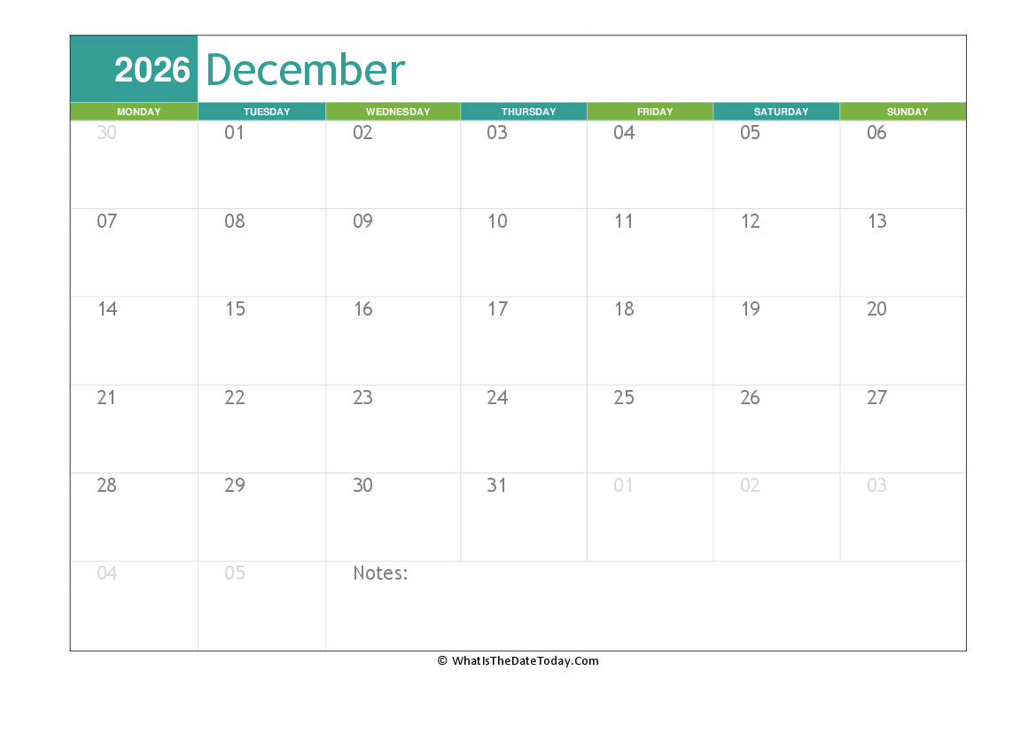 fillable december calendar 2026 with notes