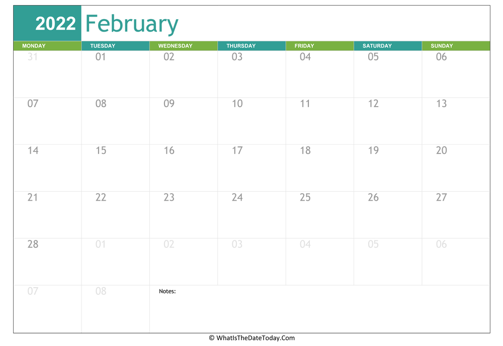 fillable february calendar 2022 with notes