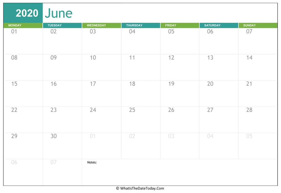 fillable june calendar 2020 with notes