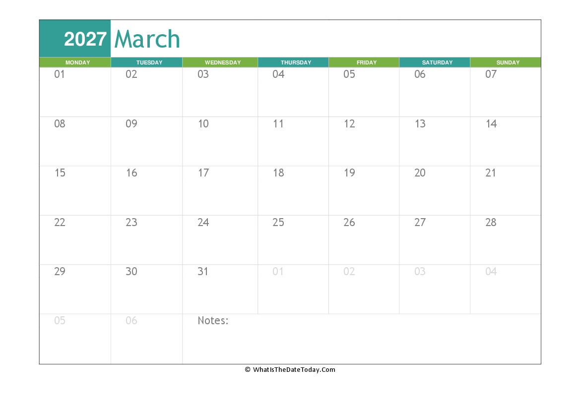 fillable march calendar 2027 with notes