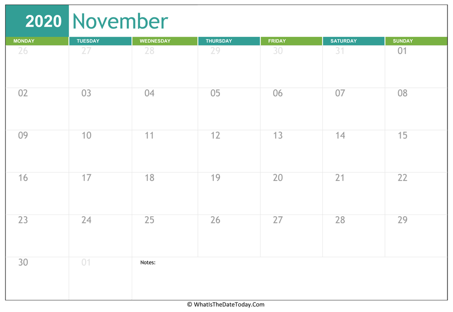 fillable november calendar 2020 with notes