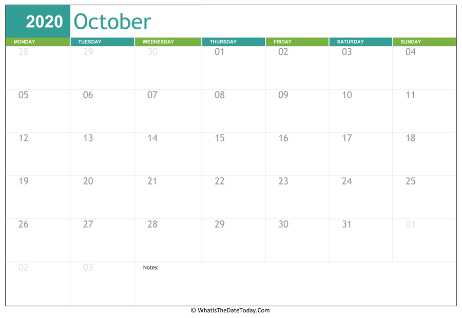 fillable october calendar 2020 with notes